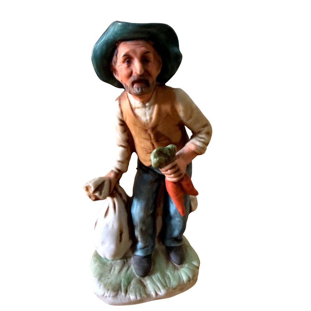 Flambro Vintage Figurine Farmer Man Holding Carrots Porcelain Cottagecore Rustic